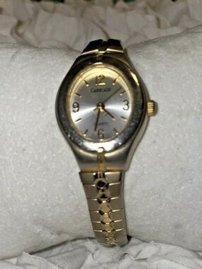 Carriage Timex Watch Women 19mm Silver Gold Tone Oval Stretch Band New Battery